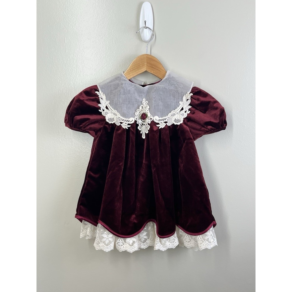Bonnie Jean Vtg Burgundy Velvet Collared Puff Sleeve Dress Lace Rose Toddler 3T
